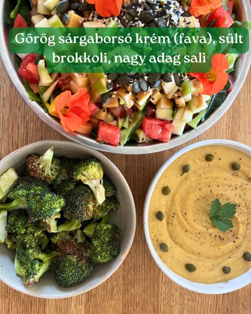 Korfu ételek: Gorog-sargaborso-krem-fava-sult-brokkoli-nagy-adag-sali