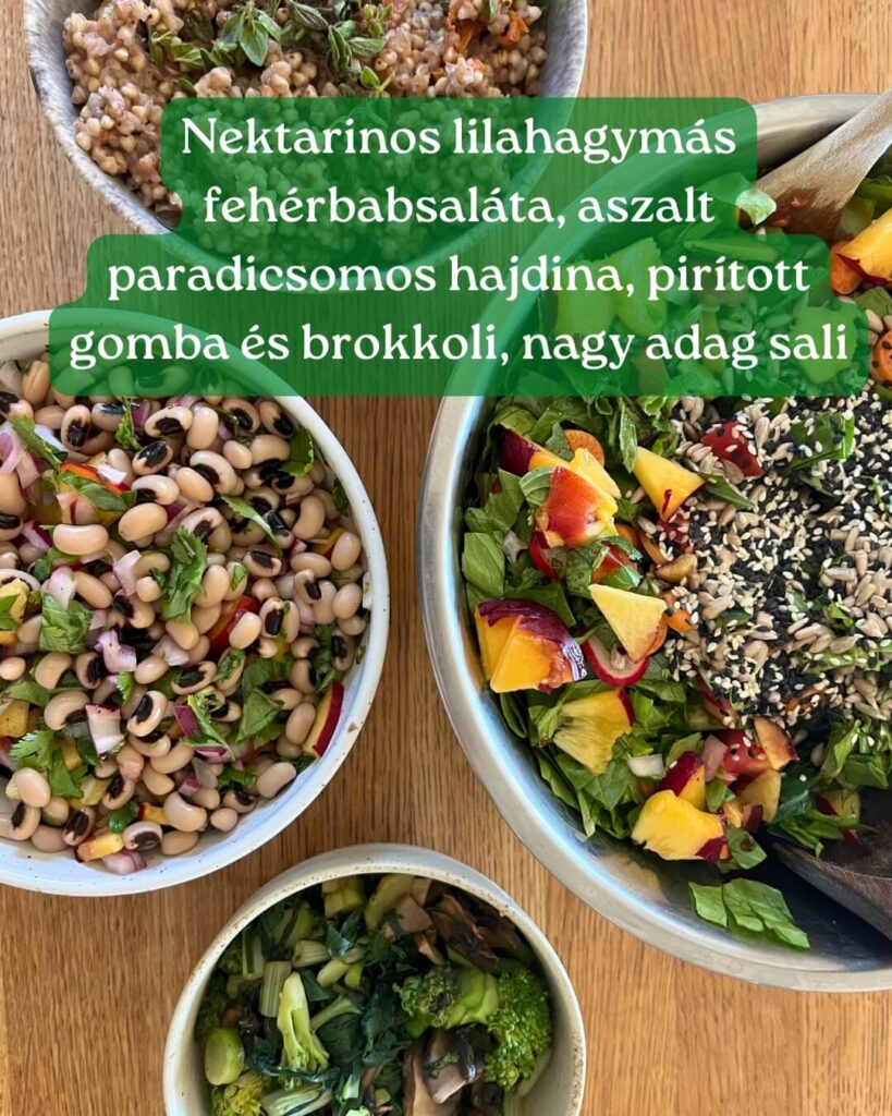 Korfu ételek: Nektarinos-lilahagymas-feherbabsalata-aszalt-paradicsomos-hajdina-piritott-gomba-es-brokkoli-nagy-adag-sali