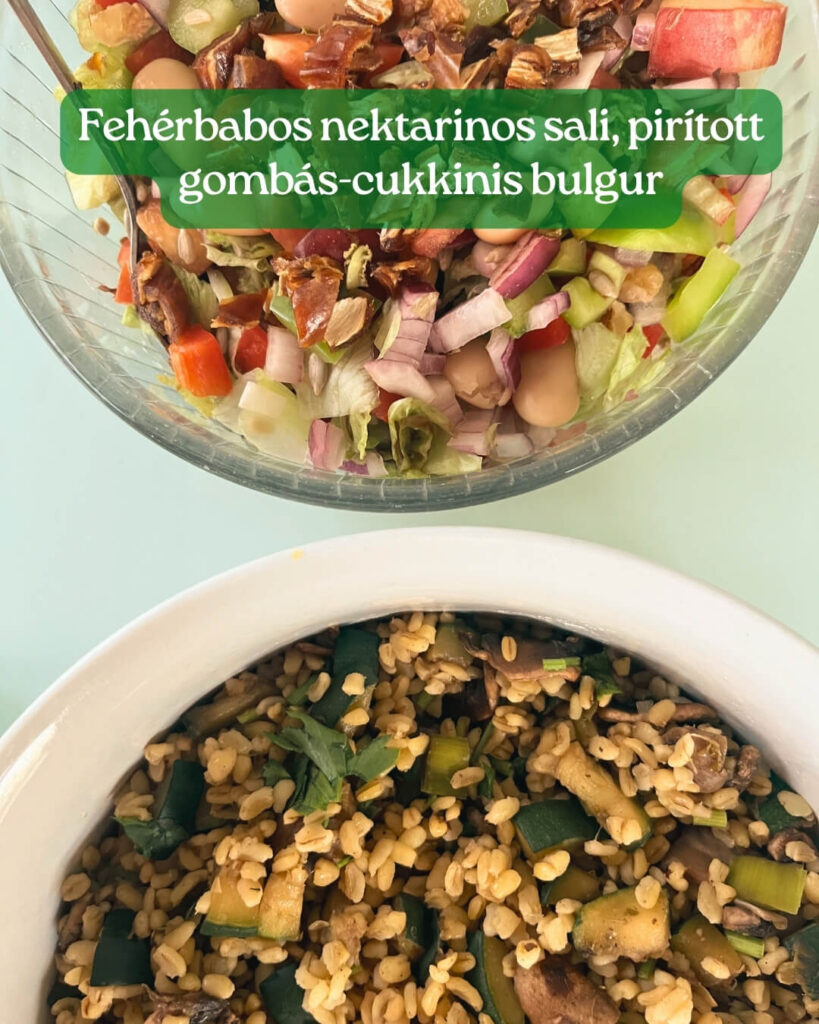 Fehérbabos nektarinos sali, pirított gombás-cukkinis bulgur