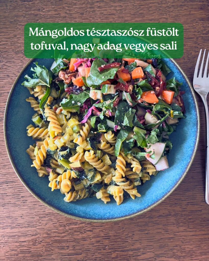 Mángoldos tésztaszósz füstölt tofuval, nagy adag vegyes sali