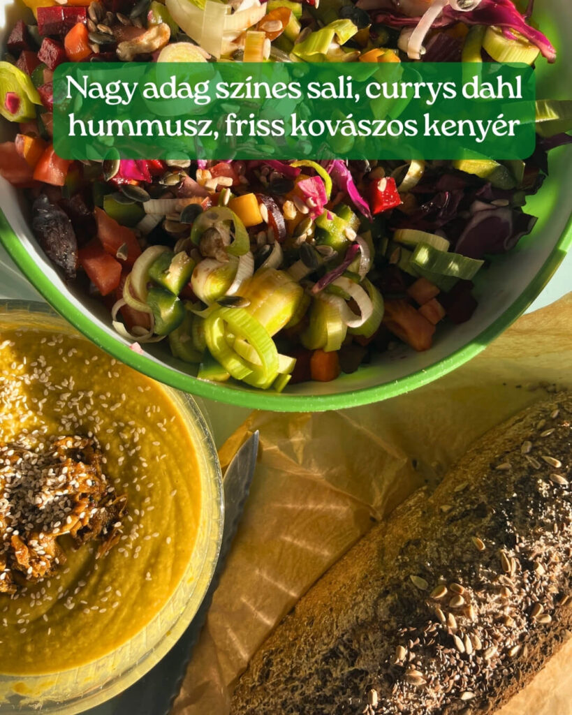 Nagy adag színes sali, currys dahl hummusz, friss kovászos kenyér