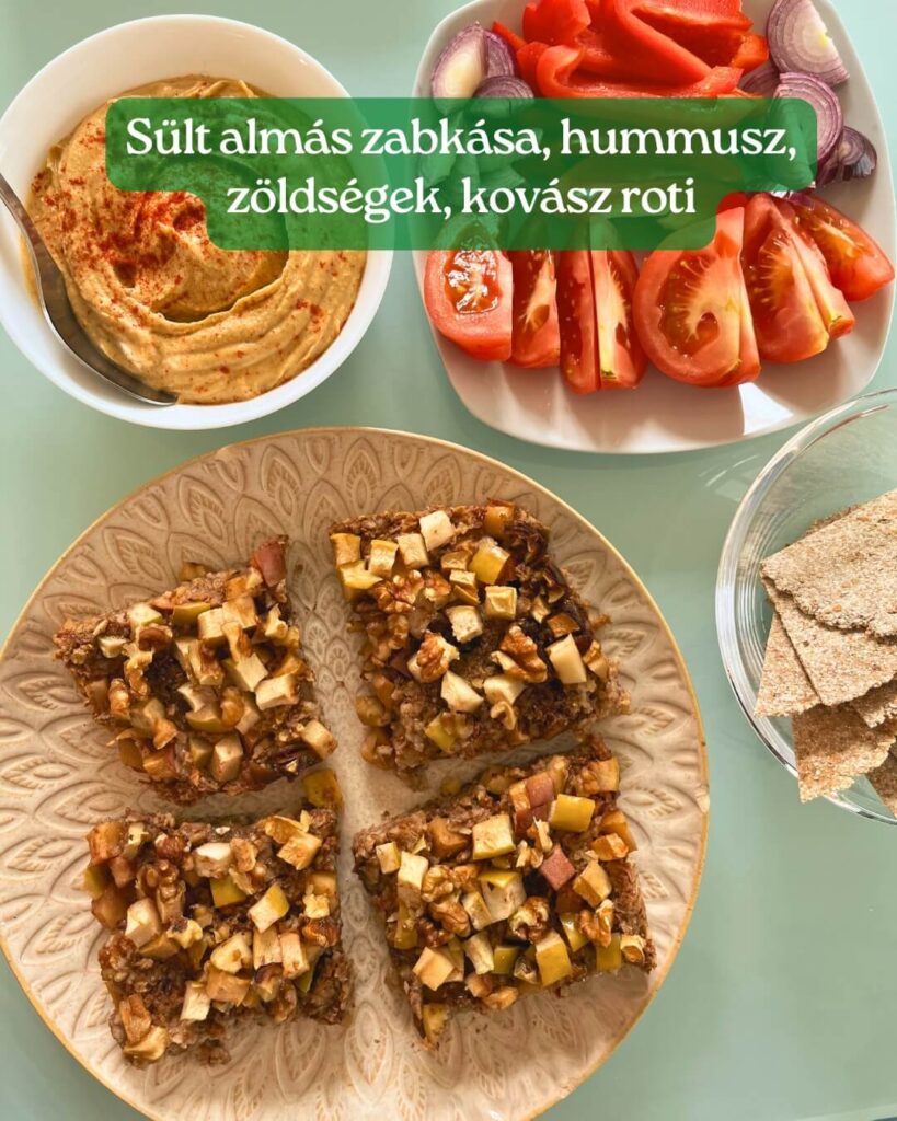Sült almás zabkása, hummusz, zöldségek, kovász roti