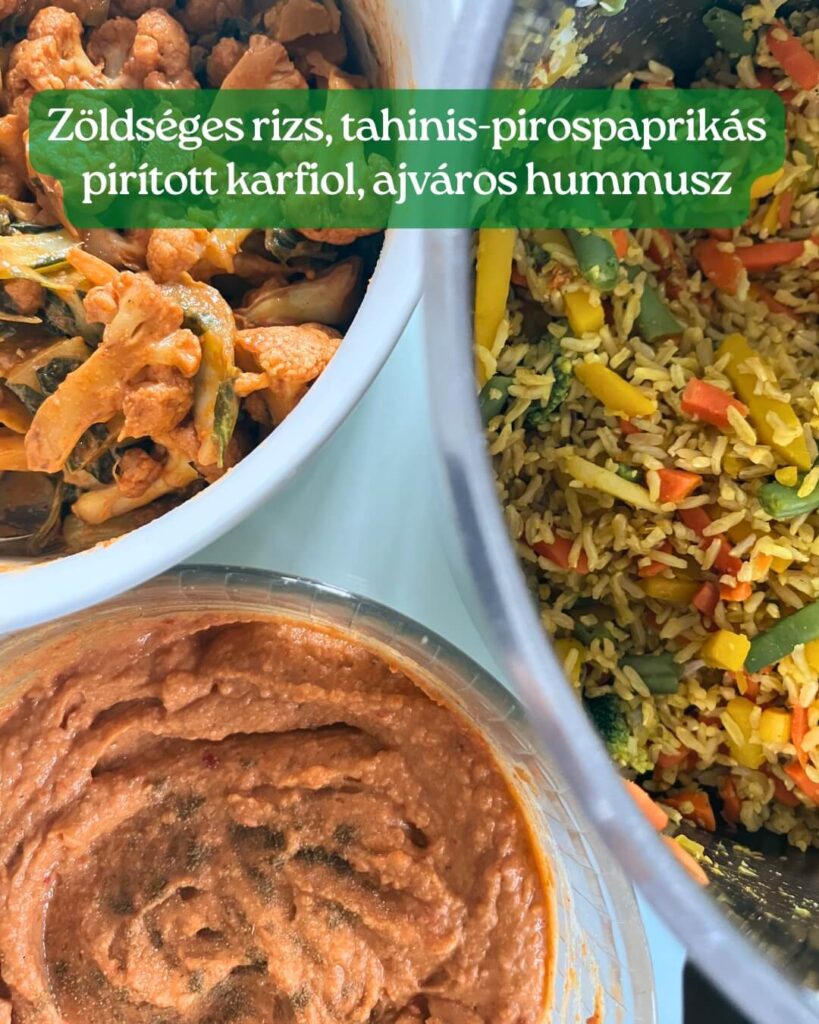 Zöldséges rizs, tahinis-pirospaprikás pirított karfiol, ajváros hummusz