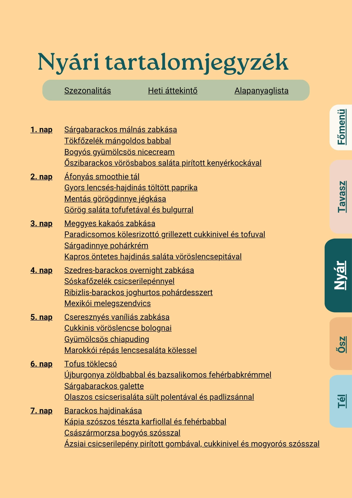4 évszakos téné menüterv tartalomjegyzék nyár