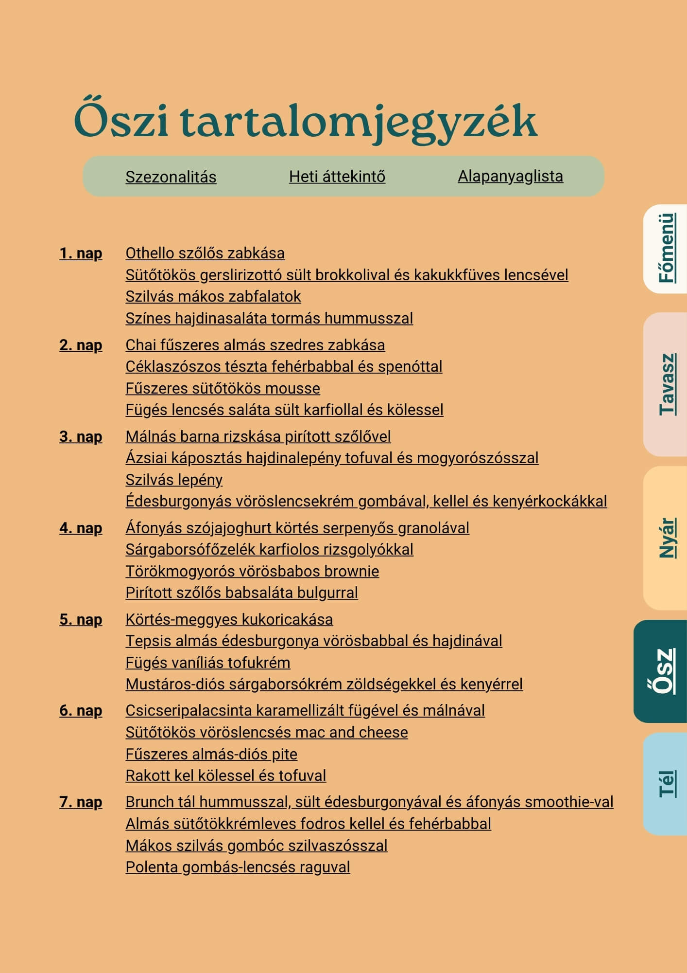 4 évszakos téné menüterv tartalomjegyzék ősz