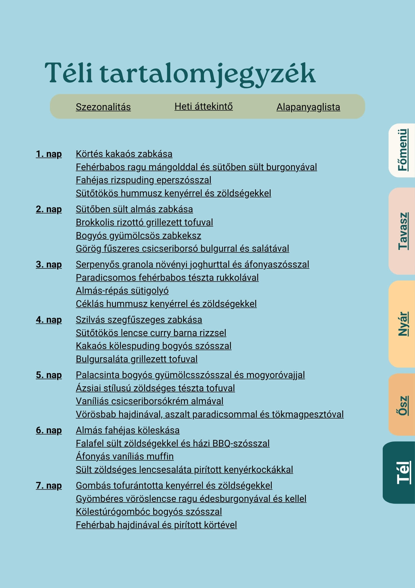 4 évszakos téné menüterv tartalomjegyzék tél