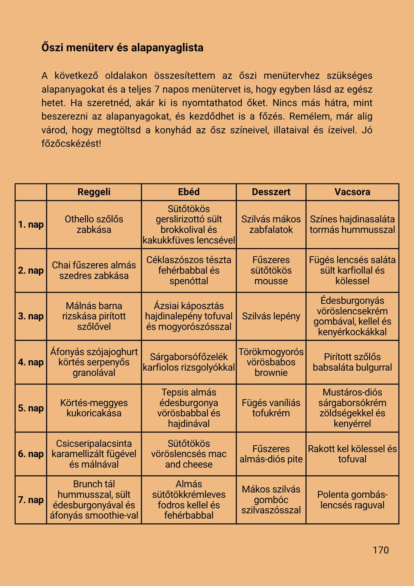 4 évszakos téné menüterv őszi 1 hetes menü